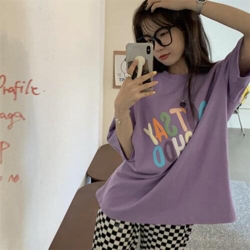 Casual Color Letter Print Loose Tshirt Womens T-shirts Tops Japanese Kawaii Ulzzang Female Korean Harajuku Clothes For Women