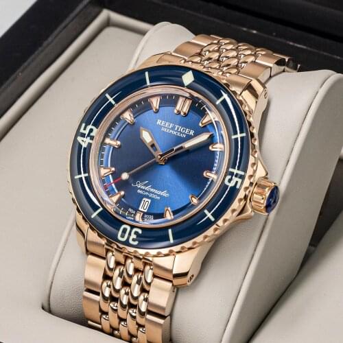 Reef Tiger/RT Men Sapphire Glass Watch Rose Blue Dial Date Super Luminous Watch Waterproof 200M Automatic Mechanical Men Watches