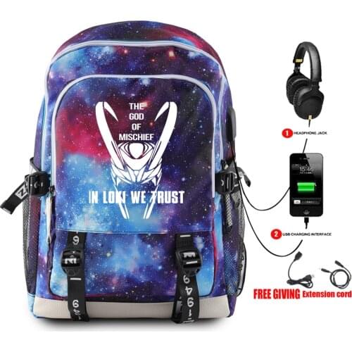 LOKI USB Charge Backpack Women Student School Shoulder Bag Satchel Teenager Laptop Backpack Men Knapsack