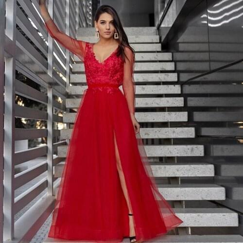 Stylish Red Long Sleeve A Line Applique Tulle Front Split Evening Party Occasion Event Robe 2021 платье на выпускной
