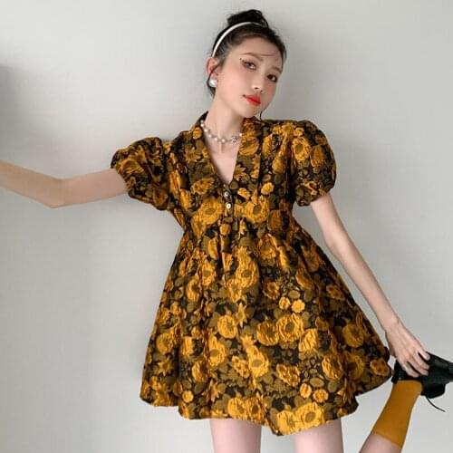 Vintage Jacquard Puff Sleeve Summer 2021 New Women Lapel Short Sleeve Dress Female 3D Yellow Flowers Mini Dress Elegant Vestidos