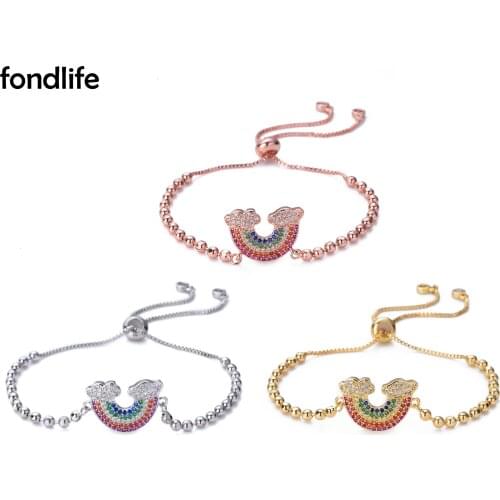AAA Shiny Multicolor Rainbow Charm Copper Beaded Chain Adjustable Bracelet Women CZ Gold-Plated Sweet Cute Girl Jewelry Gift
