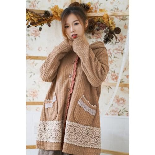 Japan Style Lace Crochet Cotton Jacket Wool Cap Sweet Mori Girl Lovely Loose Coat Novelty Female Thickened Jacket Tunic Top Coat