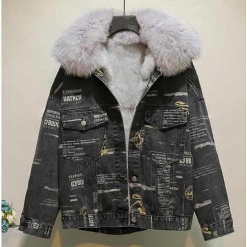 2021 new winter plus velvet fashion printed denim jacket female detachable rabbit fur liner real fur coat loose Parkas for women