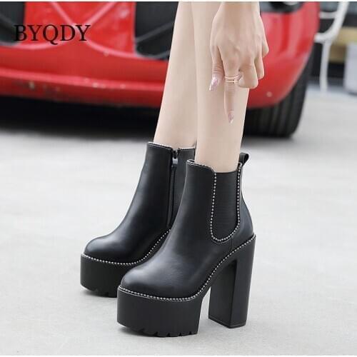 BYQDY Women Platform Combat Boots Chunky Block High Heel Rivets Punk Shoes Gothic Rivet Ankle Military Motorcycle Shoes Side Zip