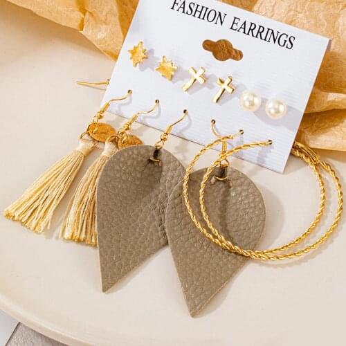 Korean Geometric Hoop Dorp Earrings Set For Women Tassel Leaf Bohemian Earrings Fashion Stud Earrings 2021 Trend Metal Jewelry