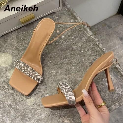 Aneikeh Bling Summer Women Shoes Fashion Thin Heels Sandals Narrow Band Party Lace-Up Casual Squared Toe Apricot Size 35-41