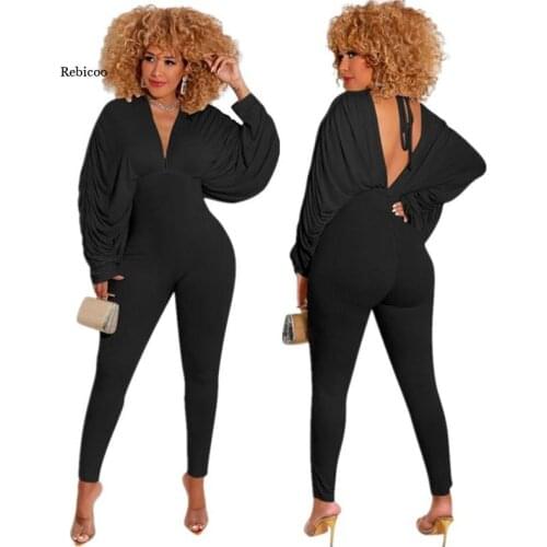 Sexy Women Jumpsuit Solid Elastic Hight Ribbed Skinny Deep V Neck Stacked Lantern Sleeve Bodysuit Open Back Slim Fit Rompers New