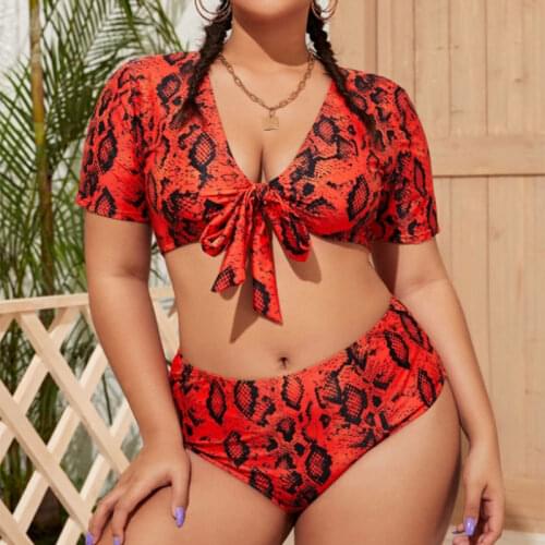 Snake Skin Womens Plus Size High Waisted Bikini For Women Short Sleeves Bathing Suit Tummy Control Swimwear 4XL Swimsuit