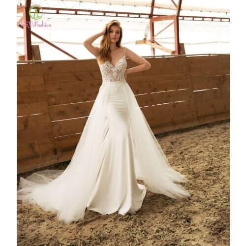 SSYFashion New Evening Dress for Women Sexy V-neck Backless Lace Beading Long Mermaid Removable Beach Formal Prom Gowns Vestidos