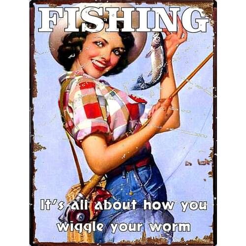 Pin up girl fishing wiggle your worm retro metal tin sign 7.9 x 11.8 in home decor bar cafe club wall decor poster