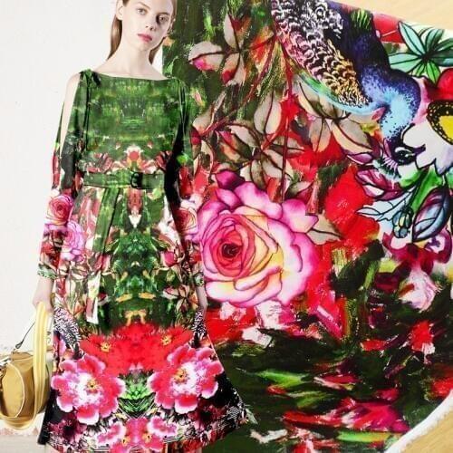 112cm wide 25mm natural silk & spandex watercolor rose print heavy silk stain fabric for summer skirt shirt dress DIY cloth