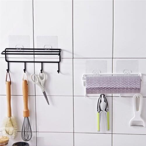 2 In 1 Kitchen Tools Organizer Iron Storage Rack Bathroom Towels Hanger Roll Paper Holder Cupboard Hanging Shelf Hooks on Wall