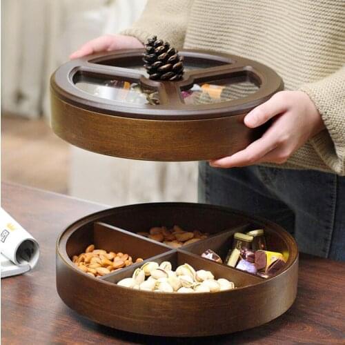 American Dried Fruit Snack Tray Household Solid Wood Divided Tray Candy Storage Box Living Room Double Layer Rotating Fruit Tray