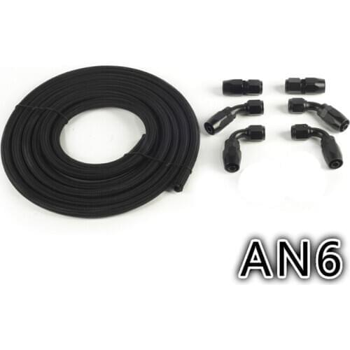AN6 Oil Fuel Fittings Black Hose End Oil Adaptor Kit AN6 Nylon Braided Black Hose Oil Fuel Hose Line 3M
