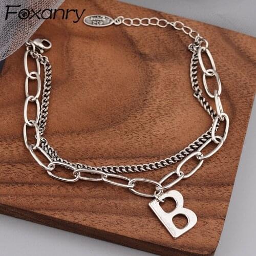 Foxanry 925 Sterling Silver Thick Chain Bracelets Trendy Hip Hop Creative Double Layer Letter B Pendant Party Jewelry Wholesale