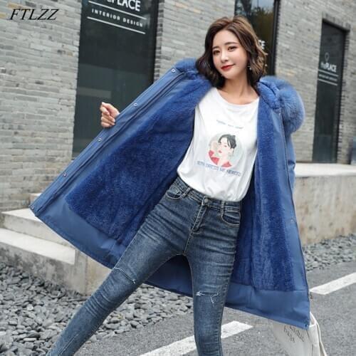 FTLZZ Winter Thick Warm Hooded Fur Lining Jackets Long Women Parkas 3XL Plus Size Snowwear Slim Down Cotton Coat Female Outwear