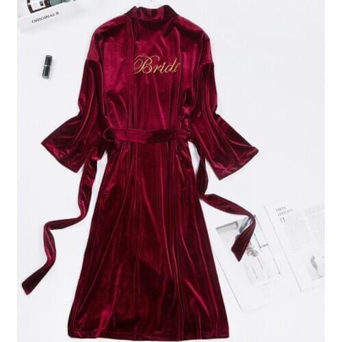 Velour Bride Bridesmaid Wedding Bathrobe Spring Autumn Bridal Lounge Nighty Robe Gown Casual Womens With Belt Sleepwear
