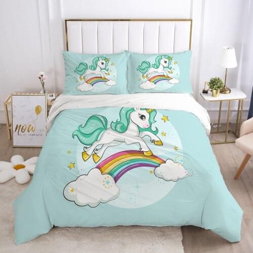 Cartoon Bedding Set for kids baby duvet cover set for home bed linen bedclothes family sets Euro 200*220 Blue unicorn