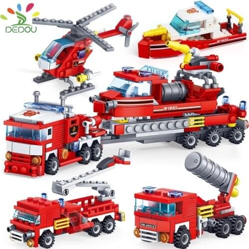 348pcs Fire Fighting 4in1 Trucks Car Helicopter Boat Building Blocks City Firefighter Figures Man Bricks Children Toys