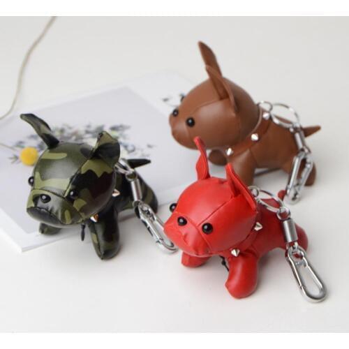 Mini Bulldog Puppy Keychains Faux Leather Doll Key Ring Hanging Pendant Key Holder Charm Bags Decor Car Trinket Punk Chaveiros