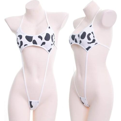 Cute Black White Milk Cow Print Mini Jumpsuit Halter Neck Backless One Piece Strappy Bikini Erotic Sex Costumes Sexy Bodysuit