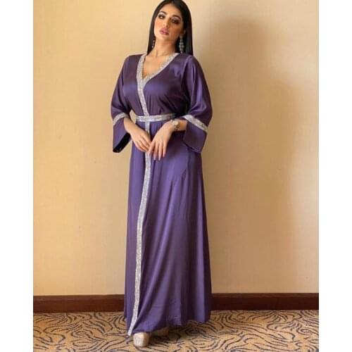 Muslim Middle East Womens Belt Robe Abaya Turkish Long Inlaid with Diamond Dress Lady Purple