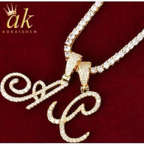 Cursive script Letters Pendant Necklace Tennis Chain For Women Gold Color Bling Zirconia Hip Hop Rock Street Jewelry