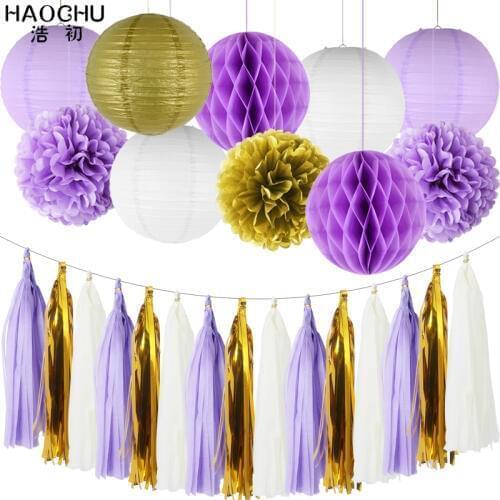 2020 New Year Decoration Round Paper Ball Lantern Set Violet Tissue Paper Flower Honeycomb Tassel For Baby Shower/Wedding Party