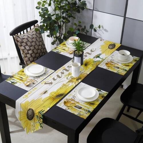 Sunflower Bee Butterfly Wood Board Table Runner Set for Home Kitchen Dining Table Wedding Party Holiday Dinner Decoration