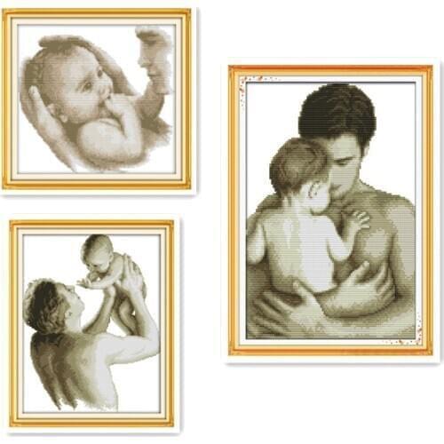 Joy Sunday Father and baby black and white hand embroidery pattern cross stitch great father love hanging painting