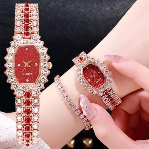 2pcs/Set Luxury Women Watches Fashion Ladies Quartz Diamond Wristwatch Elegant Rose Gold Female Bracelet Watches New Reloj Muje