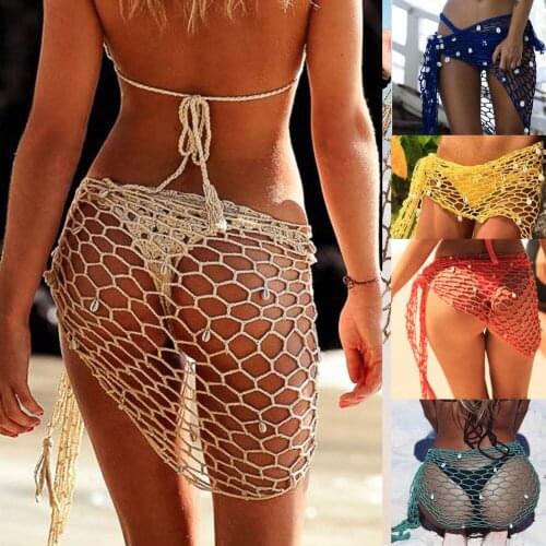 Sexy Women Bikini Cover Up Mesh Fishnet Triangle Wrap Cover Ups Hollow Out Crochet Swimsuit Cover Shawl Summer Beachwear