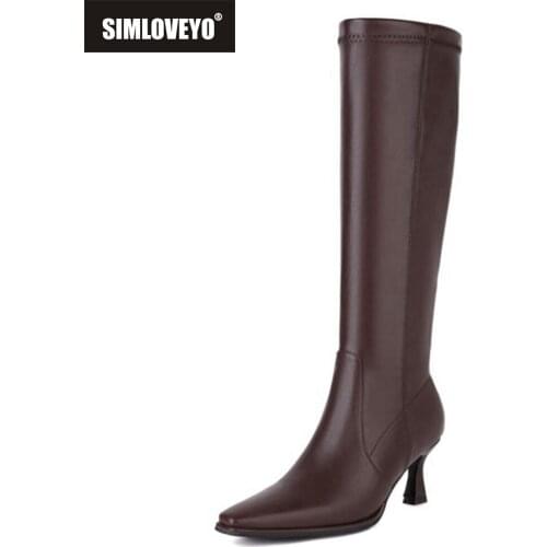 SIMLOVEYO Women Luxury Brand Modern Knee High Boots PU Leather Pull On Pointed Toe Stileeto Heel Ladies Party Plus Size 46 S2461