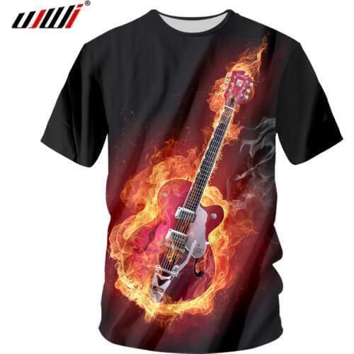 UJWI New Fashion Men/Women T-shirts Print Black Flame Guitar 3D Tshirts Funny Cool Mens T shirts Casual Streetwear Tops Tees