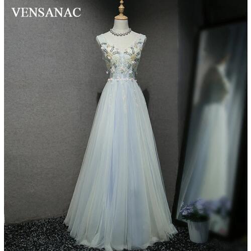 VENSANAC 2018 A Line V Neck Crystal Long Evening Dresses Elegant Lace Flowers Party Appliques Tulle Prom Gowns