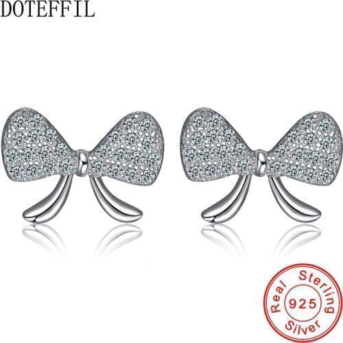 DOTEFFIL 925 Sterling Silver Sparkling Bow Stud Earrings With Clear CZ For Women Fine Jewelry Wholesale Gift