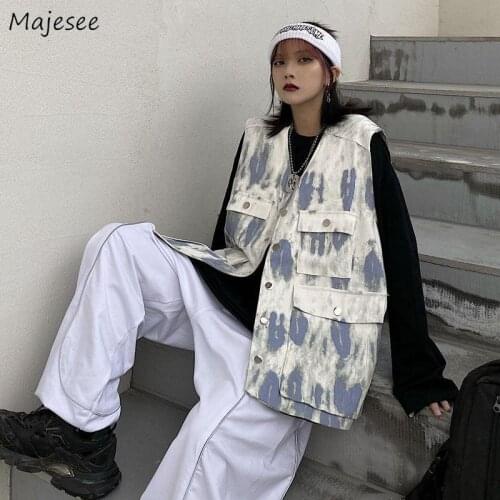 Vests Women Cargo Korean Style Hip Hop Tie Dye Loose All-match Outwear Harajuku V-neck Sleeveless Multi-pocket Casual Fashion
