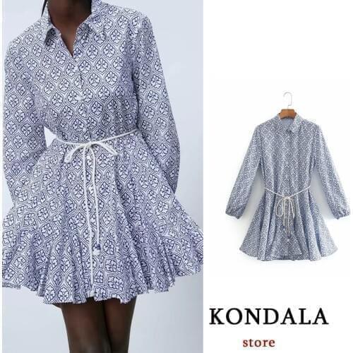 KONDALA Womens Dress Vintage Loose Blue Chinese Printed Belted Za 2021 Fashion Mini Dress Female Elegant Mujer Vestidos