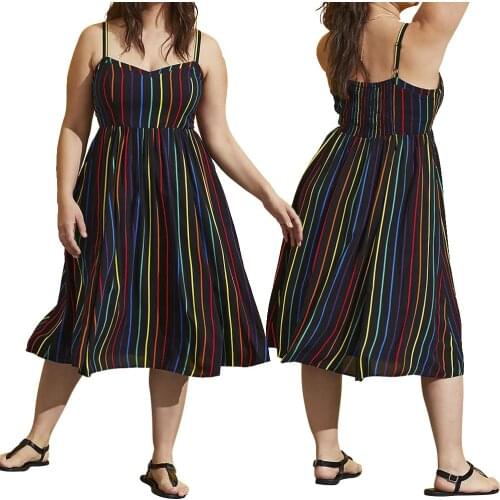 Women Elegant Plus Size Dresses Stripe Print Spaghetti Strap Boho Dress Women Summer V-neck Sleeveless Beach Sundress L~5XL
