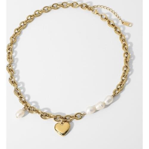 14K Gold Plated Stainless Steel Heart Shape Pendant Necklace For Women Trendy Freshwater Pearl Choker Jewelry
