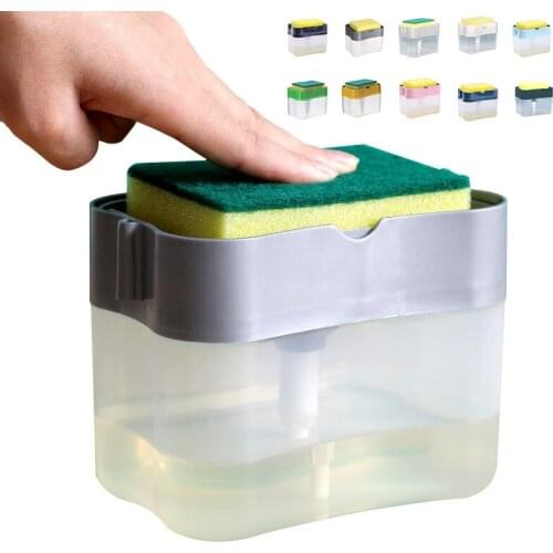 2 in 1 Scrubbing Liquid Detergent Dispenser Press-type Liquid Soap Box Pump Organizer with Sponge Kitchen Tool Bathroom Supplies