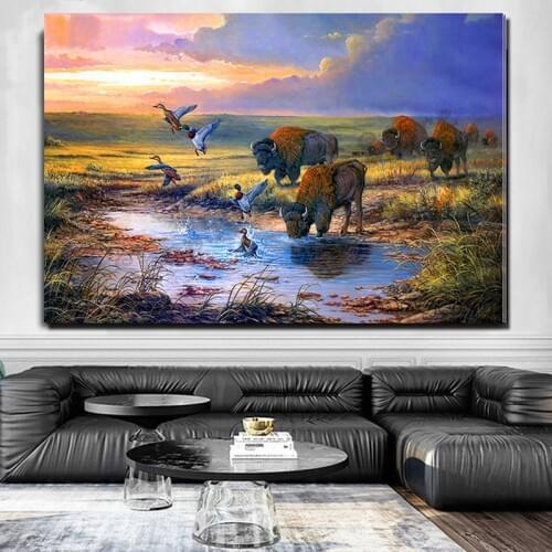 5D DIY Diamond Painting Cow Landscape Rivers Prairie Full Square round diamond Embroidery Cross Stitch Sunrise duck image TT5026