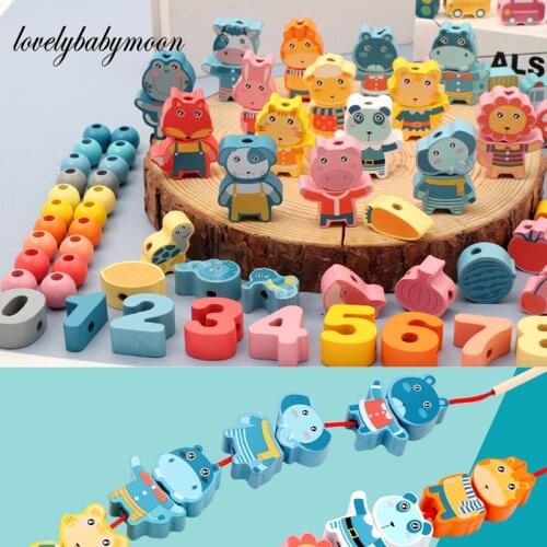 Colorful Wooden Beads Sets send Rope Education Cognition Animal Traffic Fruit Digital Threading Beads Kids DIY Toys Dropshipping