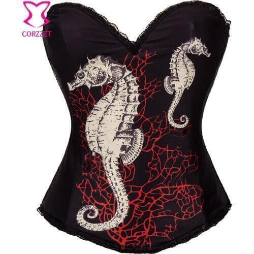 Punk Rave Hippocampus and Coral Print Push Up Bustier Sexy Gothic Corset Burlesque Korsett For Women Corselet Overbust Corsets