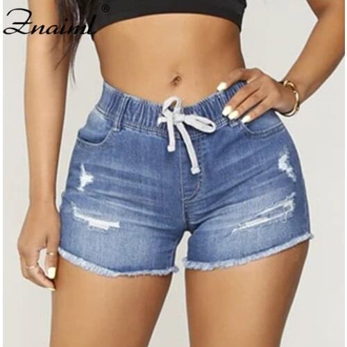 Znaiml 2021 Summer Hot Womens Denim Shorts Mid Waist Elastic Drawstring Ripped Hole Short Fashion Ladies Streetwear Short Jeans