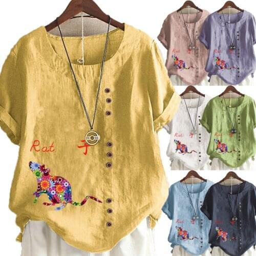 Summer Womens Casual the Chinese Zodiac Printed Linen Shirt Ladies Top Round Neck Short Sleeve T-shirt Loose Top