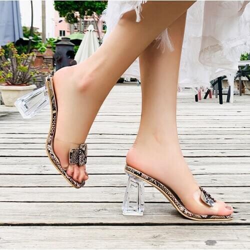 Fashion Snakeskin Pattern Open Toe Sandals PVC Mules Outdoor Slipper Women Chunky Heel Casual Shoes Transparent 2020 New Slides