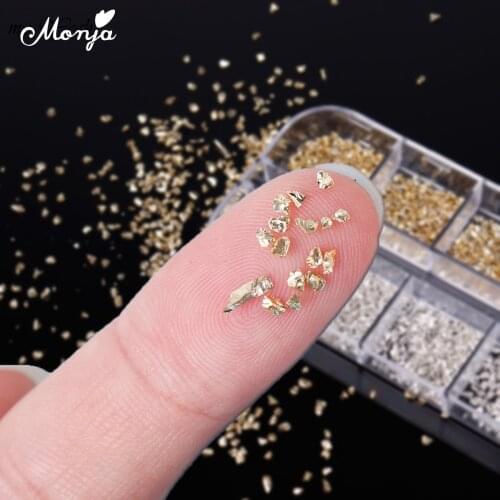 Monja 12 Grids/Box Gold Silver Charm 3D Design Multi-size Metal Irregular Fragments Powder DIY Nail Art Decoration Manicure Tool