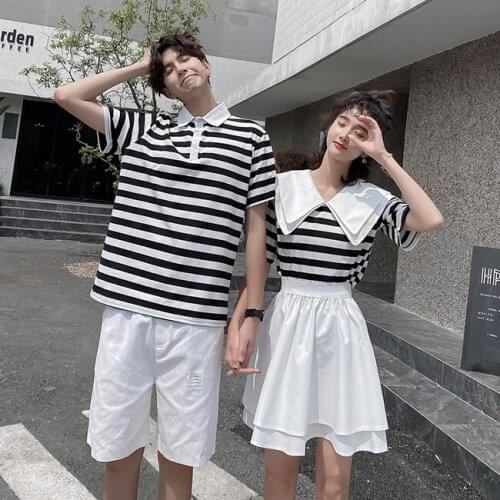 New pair of striped T-shirt suit mens and womens navy style class wear couples clothes couples clothing